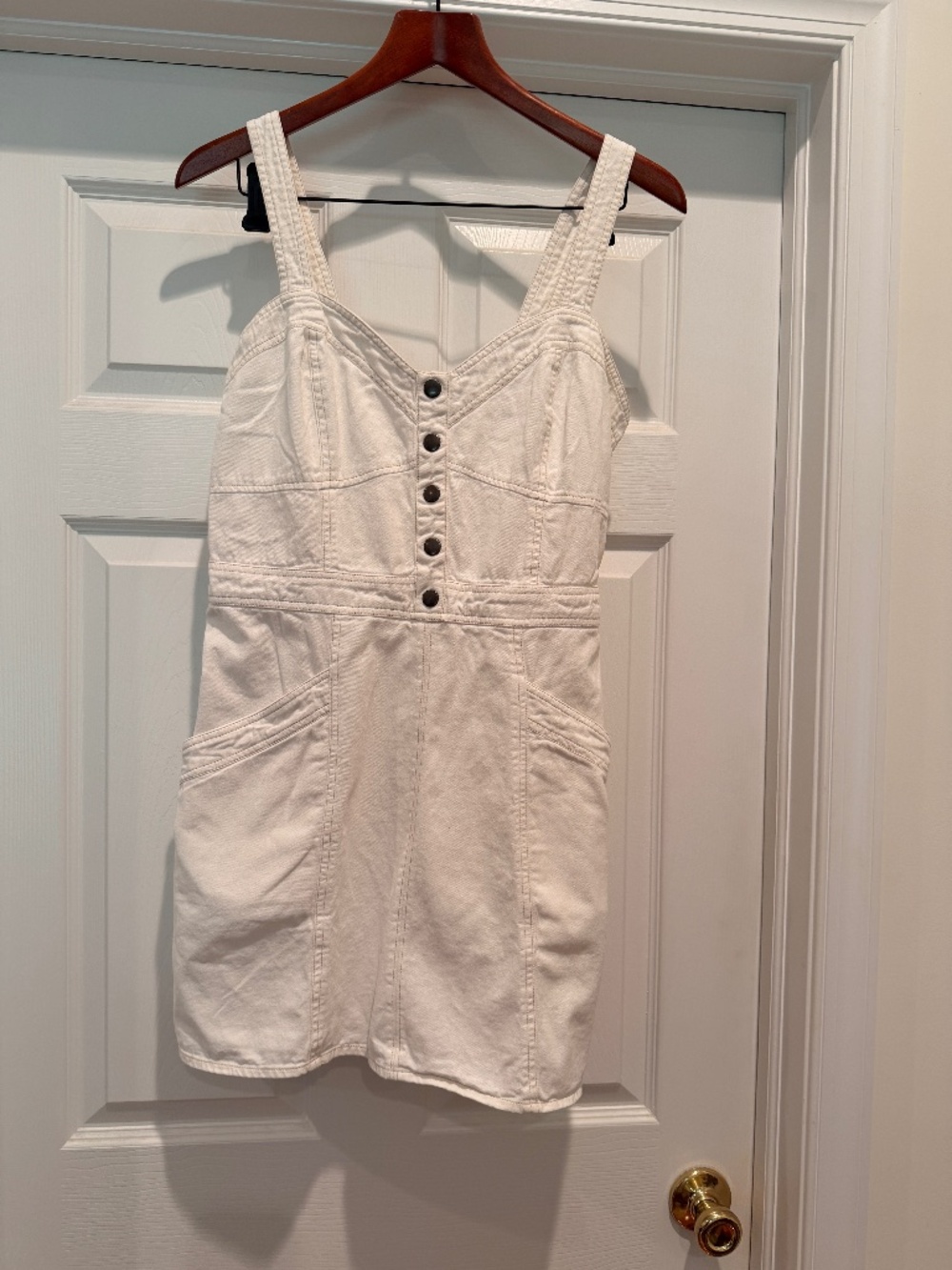 Japna White Denim Mini Dress Sleeveless Button Front Smocked Back Cotton Large